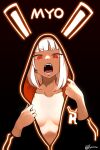  1girl absurdres animal_hood breasts cleavage collarbone highres hood jacket lobotomy_corporation logo looking_at_viewer myo_(project_moon) naked_jacket neon_trim open_mouth partially_unzipped project_moon rabbit_hood red_eyes solo teeth upper_body white_hair yaritoo 