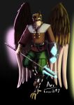  anthro arc_rose avian aviator_goggles bird brown_body clothed clothing electricity falcon falconid male melee_weapon polearm spear weapon wings 