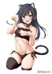  1girl :d animal_ears asashio_(kancolle) bell black_bra black_hair black_legwear black_panties blue_eyes blush bra breasts cat_cutout cat_ear_panties cat_ears cat_lingerie cat_tail cleavage_cutout clothing_cutout commentary cowboy_shot cropped_legs ebifurya extra_ears frilled_bra frills groin highres jingle_bell kantai_collection kemonomimi_mode leg_up long_hair looking_at_viewer meme_attire navel neck_bell one-hour_drawing_challenge open_mouth panties paw_pose side-tie_panties simple_background small_breasts smile solo stomach straight_hair tail thighs twitter_username underwear white_background 