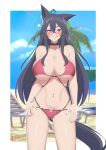  1girl :q ahoge animal_ears beach beach_chair beach_umbrella bikini black_hair blush breasts cat_ears cat_girl cat_tail choker cleavage commentary day earrings english_commentary hair_between_eyes highres jewelry large_breasts long_hair looking_at_viewer naughty_face navel olivia_vel_vine palm_tree patreon_logo patreon_username purple_eyes seductive_smile shijou_saikyou_no_daimaou_murabito_a_ni_tensei_suru single_earring smile solo standing star_(symbol) swimsuit tail tongue tongue_out tree umbrella very_long_hair water watermark ysui0000 