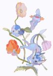  3others :3 beak black_sclera blue_fur bright_pupils colored_sclera commentary creature fins fish_tail floating flower grey_background head_fins highres hinann_bot mudkip multiple_others no_humans orange_flower pink_flower piplup plant pokemon pokemon_(creature) poppy_(flower) smile tail vaporeon white_pupils 