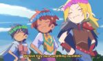  3girls :i amphibia anne_boonchuy arm_guards armor black_hair blonde_hair blush_stickers breastplate brown_hair cape closed_eyes dark-skinned_female dark_skin english_text fur_cape fur_trim gloves hand_on_hip hands_on_hips head_wreath heartcatch_precure! highres leaf leaf_on_head marcy_wu mole mole_under_eye multiple_girls parody pinkukirby pose precure sasha_waybright scar scar_on_cheek scar_on_face school_uniform shoulder_armor single_glove subtitled v-shaped_eyebrows 