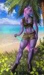  2022 5_fingers anthro beach breasts clothed clothing day detailed_background digital_media_(artwork) equid equine eyebrows eyelashes female fingers hi_res himeragoldtail hooves horn looking_at_viewer mammal navel outside plant red_eyes sand seaside shoreline sky smile solo standing tree unicorn water 