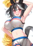  animal_ears arm_up armpits black_hair breasts cheerleader commentary_request highres horse_ears horse_tail kibihimi kitasan_black_(umamusume) large_breasts looking_at_viewer medium_hair midriff navel open_mouth pom_pom_(cheerleading) red_eyes sleeveless sweat tail umamusume white_background 