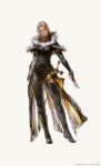  1girl belt benedikta_harman blonde_hair boots copyright final_fantasy final_fantasy_xvi fingerless_gloves full_body fur_trim gloves highres official_art quill simple_background solo standing sword takahashi_kazuya weapon white_background 