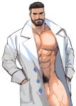  1boy abs bara bare_pectorals beard black_hair bottomless closed_mouth facial_hair flaccid hands_in_pockets highres jang_ju_hyeon labcoat looking_at_viewer male_focus male_pubic_hair muscular muscular_male naked_labcoat navel nipples open_clothes open_labcoat pectorals penis pokemon pokemon_(game) pokemon_sv pubic_hair short_hair simple_background smile solo turo_(pokemon) undercut white_background 
