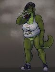  absurd_res alligator alligatorid andrea_(deminothedragon) anthro beanie big_breasts biped bodily_fluids bottomless bottomless_female bottomwear breasts clothed clothing crocodilian deltarune demon digital_media_(artwork) dripping dripping_pussy drugs facial_piercing female footwear genital_fluids genitals gmad green_body hair hat headgear headwear hi_res horn marijuana musk non-mammal_breasts nose_piercing nose_ring pants piercing pussy pussy_juice red_eyes reptile scalie shirt shoes simple_background smile smoke smoke_from_mouth smoke_from_nose solo spaced_out spamton_g._spamton stoned substance_intoxication sweat sweaty_genitalia tank_top teeth topwear undertale_(series) video_games 