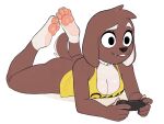  2022 4:3 absurd_res anthro black_eyes bottomless brown_body brown_fur butt canid canine canis clothed clothing controller digital_media_(artwork) domasarts domestic_dog female fur gaming hi_res mammal nelly_(domasarts) pawpads paws simple_background smile solo teeth 