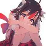  1girl ahoge black_hair blurry blush covered_mouth crossed_arms depth_of_field dress eyebrows_visible_through_hair feet_out_of_frame head_tilt horns kijin_seija knees_together_feet_apart looking_at_viewer multicolored_hair red_eyes shiroi_karasu short_hair short_sleeves simple_background sitting solo streaked_hair touhou white_background white_hair 