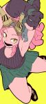  1girl absurdres armpits black_shirt blouse boku_no_hero_academia breasts cleavage eyewear_on_head glasses hatsume_mei highres kogorooz large_breasts legs looking_at_viewer no_bra open_mouth pink_hair shirt shoes skirt smile solo symbol-shaped_pupils teeth thighs wrench yellow_eyes 