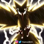  1:1 ambiguous_gender avian backlighting beak claws colored digital_media_(artwork) digital_painting_(artwork) electricity electricity_manipulation elemental_manipulation feathers feral glowing glowing_eyes hi_res legendary_pok&eacute;mon light lighting lineless majimartbcn nintendo pok&eacute;mon pok&eacute;mon_(species) raining shaded signature simple_background solo solo_focus thunder thunderstorm video_games watermark yellow_body yellow_feathers zapdos 