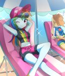  2girls applejack beach blonde_hair blush commentary_request cowboy_hat crossed_legs eyewear_on_head hat highres legs magenta_eyes male_swimwear midriff multicolored_hair multiple_girls my_little_pony my_little_pony_equestria_girls one_eye_closed rainbow_dash rainbow_hair ryuu_(ryuraconis) smile sunglasses swim_trunks umbrella 