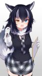  1girl animal_ears black_hair black_jacket black_legwear blue_eyes blush eyebrows_visible_through_hair fur_collar gloves grey_hair grey_necktie grey_skirt grey_wolf_(kemono_friends) heterochromia highres jacket karekusa_meronu kemono_friends long_hair long_sleeves multicolored_hair necktie open_mouth paper pencil plaid plaid_necktie plaid_skirt pleated_skirt skirt sleeve_cuffs solo symbol-only_commentary tail thighhighs white_fur white_gloves wolf_ears wolf_girl wolf_tail yellow_eyes zettai_ryouiki 