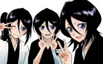  1girl age_progression black_hair bleach breasts cmwl_514 coat dual_persona hair_between_eyes highres japanese_clothes jewelry kuchiki_rukia long_hair looking_at_viewer one_eye_closed open_mouth purple_eyes ring short_hair side_ponytail small_breasts smile v 
