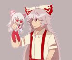  2girls bow djk fujiwara_no_mokou fumo_(doll) hair_bow long_hair long_sleeves looking_at_another looking_to_the_side multiple_girls red_bow red_eyes shirt short_sleeves simple_background suspenders touhou watermark white_hair white_shirt 