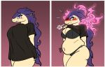  absurd_res anthro big_breasts blush bodily_fluids breasts chubby_female clothed clothing fangs female fur harry_amor&oacute;s hi_res mature_female multicolored_body multicolored_fur nintendo partially_clothed pok&eacute;mon pok&eacute;mon_(species) purple_body purple_eyes purple_fur smile solo sweat thick_thighs tongue two_tone_body two_tone_fur typhlosion video_games yellow_body yellow_fur 