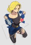  1girl aeyga android_18 angry black_shirt blonde_hair blue_eyes breasts cleavage covered_nipples cropped_legs denim denim_skirt denim_vest dragon_ball dragon_ball_z emoji_censor highres large_breasts looking_at_viewer medium_hair pantyhose shirt sketch skindentation skirt solo torn_clothes torn_legwear white_background 