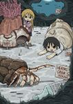  2girls absurdres black_hair blonde_hair bottle fish hermit_crab highres kishimen_udn long_hair minigirl multiple_girls original seashell shell signpost underwater 