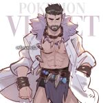  1boy artist_name bare_pectorals beard belt black_male_underwear bracelet chest_hair copyright_name cosplay earrings facial_hair fang_necklace fur_trim jewelry labcoat loincloth male_focus male_underwear muscular muscular_male navel necklace nipples onion_holic open_clothes open_labcoat pectorals pokemon pokemon_(game) pokemon_sv sada_(pokemon) sada_(pokemon)_(cosplay) short_hair solo turo_(pokemon) undercut underwear 