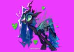  absurd_res arthropod black_body blue_hair changeling crown digital_media_(artwork) eyelashes fangs female feral friendship_is_magic green_eyes hair hasbro headgear hi_res horn insect_wings long_eyelashes my_little_pony nekosnicker notched_wings pink_background queen_chrysalis_(mlp) simple_background solo teeth tongue tongue_out wings 