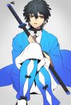  1boy agatsuma_zenitsu alternate_color alternate_hair_color bangs black_bow black_hair bow demon_slayer_uniform feet_out_of_frame grey_background hair_between_eyes hands_up haori highres holding holding_sword holding_weapon invisible_chair japanese_clothes katana kimetsu_no_yaiba knees_up long_sleeves looking_away male_focus pants pants_tucked_in parted_lips player_2 shin_guards short_hair sideways_glance simple_background sitting solo sword weapon white_pants yama_(y_yyyama) yellow_eyes 