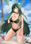  1girl alchemy_stars bare_arms bare_legs bare_shoulders barefoot beach bikini blue_sky breasts character_request choker cleavage cloud commentary cup day disposable_cup drinking_straw fedora green_bikini green_choker green_eyes green_hair groin hair_between_eyes hat hat_removed headwear_removed highres kneeling koming large_breasts long_hair looking_at_viewer navel o-ring o-ring_bikini ocean sky smile solo stomach swimsuit thighs tree very_long_hair white_headwear 