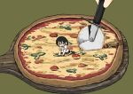  1girl :o black_hair commentary food highres kishimen_udn kneeling minigirl original pizza pizza_cutter short_hair simple_background 