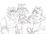  anthro canid canine canis eyewear felid feline group hand_on_arm hand_on_shoulder hand_on_side hi_res imminent_sex licking licking_lips lynx male mammal mercenary_villain_(live-a-hero) neck_scarf sadayoshi sunglasses tongue tongue_out wolf yunu38 