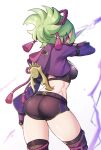  1girl ass black_shorts breasts crop_top cropped_jacket fingerless_gloves from_behind genshin_impact gloves green_hair highres hood hoodie hoshina_meito jacket kuki_shinobu long_sleeves mask mouth_mask ninja_mask purple_eyes purple_jacket short_shorts shorts simple_background solo tattoo thighhighs thighs white_background 