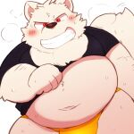  2022 96tning anthro belly big_belly blush bodily_fluids canid canine canis clothed clothing clothing_lift domestic_dog kemono male mammal navel overweight overweight_male shirt shirt_lift simple_background solo sweat topwear white_background white_body 