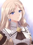  1girl ascot black_ascot blonde_hair blue_eyes breasts commentary earrings eyebrows_visible_through_hair fire_emblem fire_emblem:_three_houses fire_emblem_warriors:_three_hopes frills jewelry kirishima_riona long_hair looking_at_viewer medium_breasts mercedes_von_martritz official_alternate_costume solo upper_body 