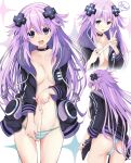  1girl adult_neptune ass black_choker black_jacket blush breasts choker cleavage commission d-pad d-pad_hair_ornament hair_between_eyes hair_ornament hood hooded_jacket iwashi_dorobou_-r- jacket long_hair looking_at_viewer measuring medium_breasts midriff multiple_views navel neptune_(series) no_bra no_pants panties purple_eyes purple_hair ruler smile striped striped_panties underwear unzipped usb very_long_hair 