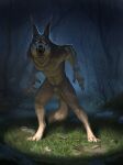  2022 4_toes 5_fingers anthro balls canid canine detailed_background digitigrade feet fingers forest genitals grass hibbary looking_at_viewer male mammal night open_mouth outside plant solo teeth toes tongue tree 