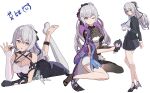  1girl absurdres bangs bare_shoulders black_gloves breasts bronya_zaychik bronya_zaychik_(silverwing:_n-ex) character_doll closed_mouth commentary_request dress full_body gloves grey_eyes grey_hair hair_between_eyes hair_ornament high_heels highres honkai_(series) honkai_impact_3rd huiyuanaideknight long_hair looking_at_viewer multiple_views official_alternate_costume open_mouth sidelocks simple_background single_glove sleeveless sleeveless_dress standing white_background white_legwear 