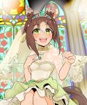  alternate_costume amida_murasaki animal_ears breasts cheerleader church cleavage commentary_request dress fine_motion_(umamusume) green_eyes hair_between_eyes highres horse_ears horse_tail jewelry looking_at_viewer necklace small_breasts tail tiara umamusume wedding_dress 