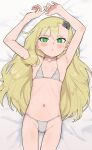  1girl arms_up bikini blonde_hair blush borrowed_character choker flat_chest green_eyes grey_bikini grey_choker hair_ornament highres insect_hair_ornament long_hair looking_at_viewer lying matangomu-chan micro_bikini navel on_back original osame petite solo sweat swimsuit 