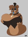  2022 alternate_species anthro artist_name bedroom_eyes between_breasts beverage big_breasts blue_eyes blue_lips breasts brown_bear brown_body brown_clothing brown_fur brown_hair brown_hat brown_headwear brown_topwear cleavage clothed clothing female five_nights_at_freddy&#039;s freddy_(fnaf) fur furrification grey_background hair hand_on_breast hat headgear headwear hi_res huge_breasts lips looking_at_viewer male_(lore) mammal narrowed_eyes navel neck_ribbon scottgames seductive simple_background slightly_chubby solo spicysausages straw top_hat topwear ursid ursine video_games 