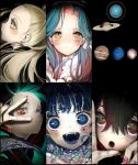  5girls :d :o blonde_hair blue_eyes blue_hair blush blush_stickers close-up closed_mouth colored_inner_hair earrings facial_mark fangs fingernails gradient_hair hair_between_eyes halo highres jewelry jupiter_(planet) long_hair looking_at_viewer looking_up multicolored_hair multiple_girls nail_polish narue neptune_(planet) open_mouth original pink_hair planet pluto_(planet) ponytail profile red_eyes red_nails saturn_(planet) smile star_(symbol) star_facial_mark streaked_hair uranus_(planet) v v_over_eye wide-eyed yellow_eyes 