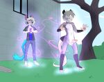  2022 3_toes 4_toes anthro blue_tail clothing duo exposed eyewear feet felid feline fur glasses magic male male/male mammal marsupial metal_(artist) metal_(character) nude p.b_(plaguebrought) phalangeriform toes white_body white_fur 