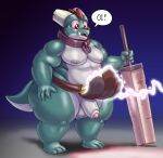  absurd_res anthro assisted_exposure balls biped bottomwear clothed clothing clothing_lift collar flaccid foreskin genitals green_body green_scales hi_res holding_object holding_sword holding_weapon horn kobold loincloth loincloth_lift magic male melee_weapon overweight overweight_anthro overweight_male penis red_eyes scales scalie sharp_teeth solo speech_bubble standing sword teeth thick_thighs thud_(vdisco) topless tusks vdisco weapon yellow_sclera 
