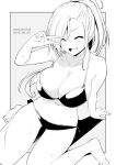  1girl :d ^_^ arm_support barefoot bikini breasts closed_eyes commentary_request dated grey_background greyscale highres kichihachi large_breasts long_hair monochrome navel original ponytail smile solo sweat swimsuit twitter_username two-tone_background v white_background 