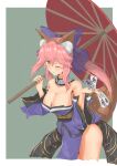  1girl absurdres animal_ear_fluff animal_ears artist_request bare_shoulders blue_bow blue_kimono blue_ribbon blush bow breasts cleavage collarbone detached_sleeves eyebrows_visible_through_hair fate/extra fate/grand_order fate_(series) fox_ears fox_girl fox_tail hair_ribbon highres japanese_clothes kimono large_breasts one_eye_closed pink_hair ribbon solo split_ponytail tail tamamo_(fate) tamamo_no_mae_(fate/extra) yellow_eyes 