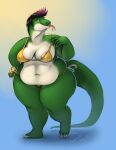  anthro areola back_rolls belly_overhang bikini breasts chubby_female clothing fat_rolls female hi_res lizard love_handles navel nipple_outline overweight plantigrade pudgy_belly reptile revadiehard scalie swimwear thick_thighs tongue tongue_out wide_hips 