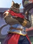  2022 anthro armor biped bulge cafurccino clothed clothing felid humanoid_hands jackson_(ni_no_kuni) male mammal ni_no_kuni:_cross_worlds ni_no_kuni_(series) outside scar solo tongue tongue_out video_games 