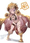  1girl absurdres alternate_costume animal_hands ass_visible_through_thighs ayacho blue_eyes breasts commission draph fake_tail gloves granblue_fantasy hair_over_one_eye highres large_breasts light_purple_hair lion_tail long_hair looking_at_viewer narmaya_(granblue_fantasy) paw_gloves paw_shoes purple_hair skeb_commission skindentation solo tail thigh_strap white_background 