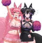  2girls :d animal_ears arm_up black_dress black_hair braid breasts cheerleader choker cleavage clothes_writing commission crop_top double_bun dress flying_sweatdrops fox_ears fox_girl fox_tail hair_between_eyes hair_ornament hand_on_another&#039;s_waist highres kireina_(osiimi) kuroina_(osiimi) large_breasts large_tail long_hair midriff miniskirt mole mole_on_breast mole_on_thigh multicolored_hair multiple_girls navel nhaliz one_eye_closed original pink_eyes pink_hair pleated_skirt pom_pom_(cheerleading) purple_eyes purple_hair reluctant short_dress signature skirt sleeves_past_wrists smile spiked_choker spikes streaked_hair sweat tail thick_eyebrows twin_braids twitter_username very_long_hair wavy_mouth x_hair_ornament 