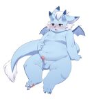  &lt;3 &lt;3_eyes absurd_res anthro belly belly_rub big_ears blue_body blue_fur bodily_fluids cugi_the_dragon dragon erection feet fur genital_fluids genitals hi_res humanoid_genitalia inverted_nipples looking_pleasured male moobs navel nipples pawpads paws precum sitting slightly_chubby solo solo_focus tolild weight_gain white_body white_fur wings 