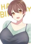  1girl :d black_dress breasts brown_hair collarbone dress happy_birthday highres huge_breasts idolmaster idolmaster_cinderella_girls looking_at_viewer nako_1111 oikawa_shizuku ribbed_shirt shirt short_hair simple_background smile solo upper_body v-neck white_background 