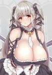  1girl absurdres azur_lane bare_shoulders between_breasts black_dress black_ribbon blush breasts cleavage clothing_cutout dress flight_deck formidable_(azur_lane) frilled_dress frills grey_background grey_hair haihm07 highres huge_breasts long_hair long_sleeves looking_at_viewer necktie necktie_between_breasts orange_eyes red_eyes ribbon shoulder_cutout simple_background solo twintails two-tone_dress two-tone_ribbon very_long_hair white_dress white_ribbon 