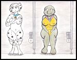  101_dalmatians anthro bathroom breasts canid canine canis chatting collar crossover dalmatian disney domestic_dog duo female franklin_(series) jewelry mammal mature_female necklace nude peeing perdita public_restroom reddragonkan reptile restroom_stall scalie toilet_paper traditional_media_(artwork) turtle 